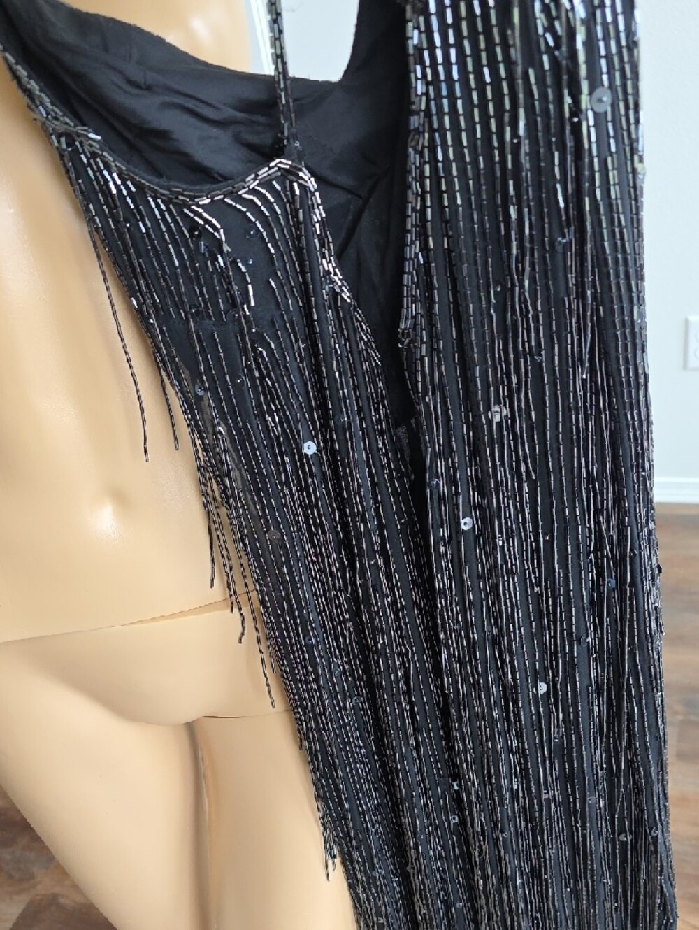 Black Beaded And Sequined Fringe Evening Dress with Crisscross Straps - Picture 3 of 10